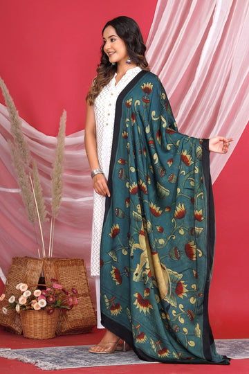 Indigo Green Freehand Printed Dupatta