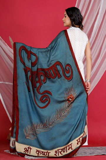 Natural Indigo Hastmukt kalamkala freehand Printed Dupatta