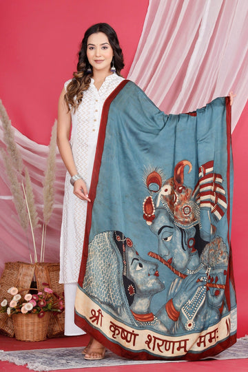 Natural Indigo Freehand Printed Dupatta
