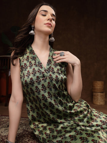 Green Hand Block Printed Sleeveless Kurta