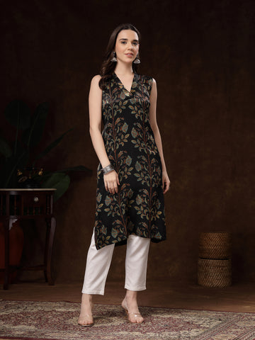 Black Sleeveless Crepe Modal Hand-block print Kurti