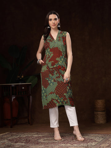 Sleeveless Green & Rust Hand-Block Printed Kurti