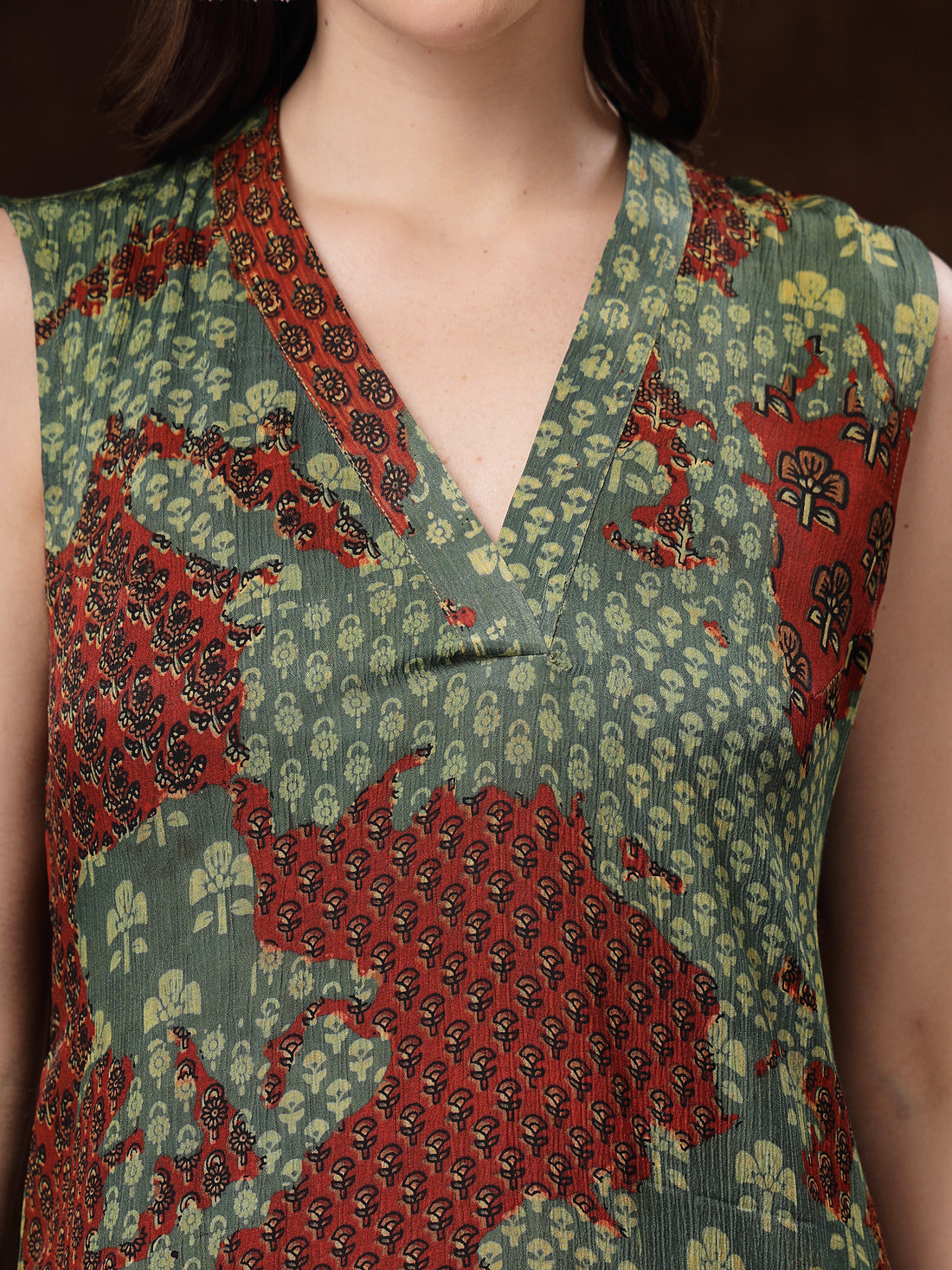 Sleeveless Green & Rust Hand-Block Printed Kurti