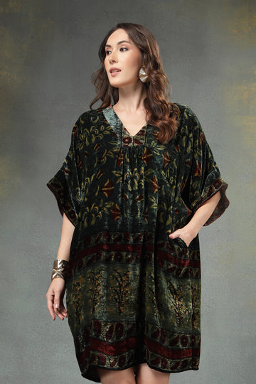 Ancestor_Hand-Block Printed Silk Velvet Kaftan Dress