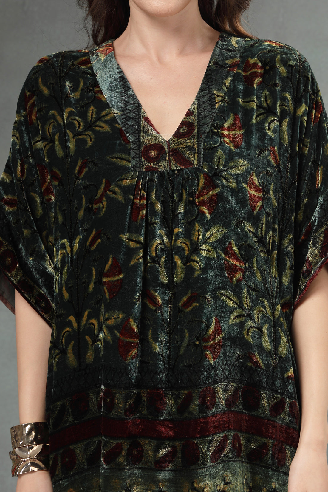 Ancestor_Hand-Block Printed Silk Velvet Kaftan Dress