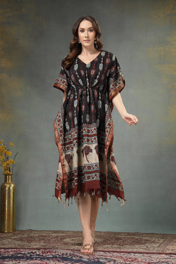 Elegant Hand Block Assam Silk Kaftan Dress with Waist Tie – Soft Flowing Silhouette