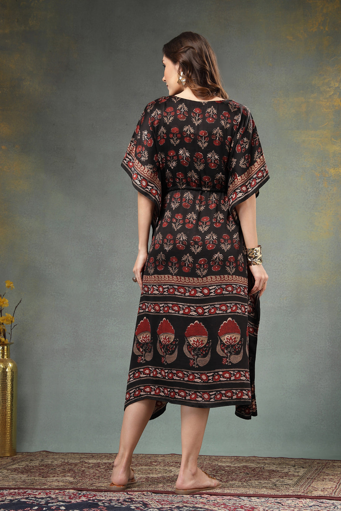 Classic Handblocked Modal Satin Kaftan with Drawstring Waist