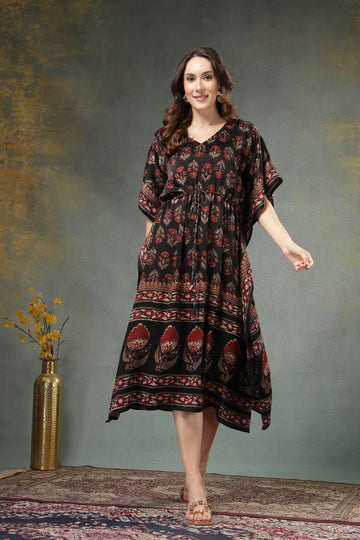 Classic Handblocked Modal Satin Kaftan with Drawstring Waist