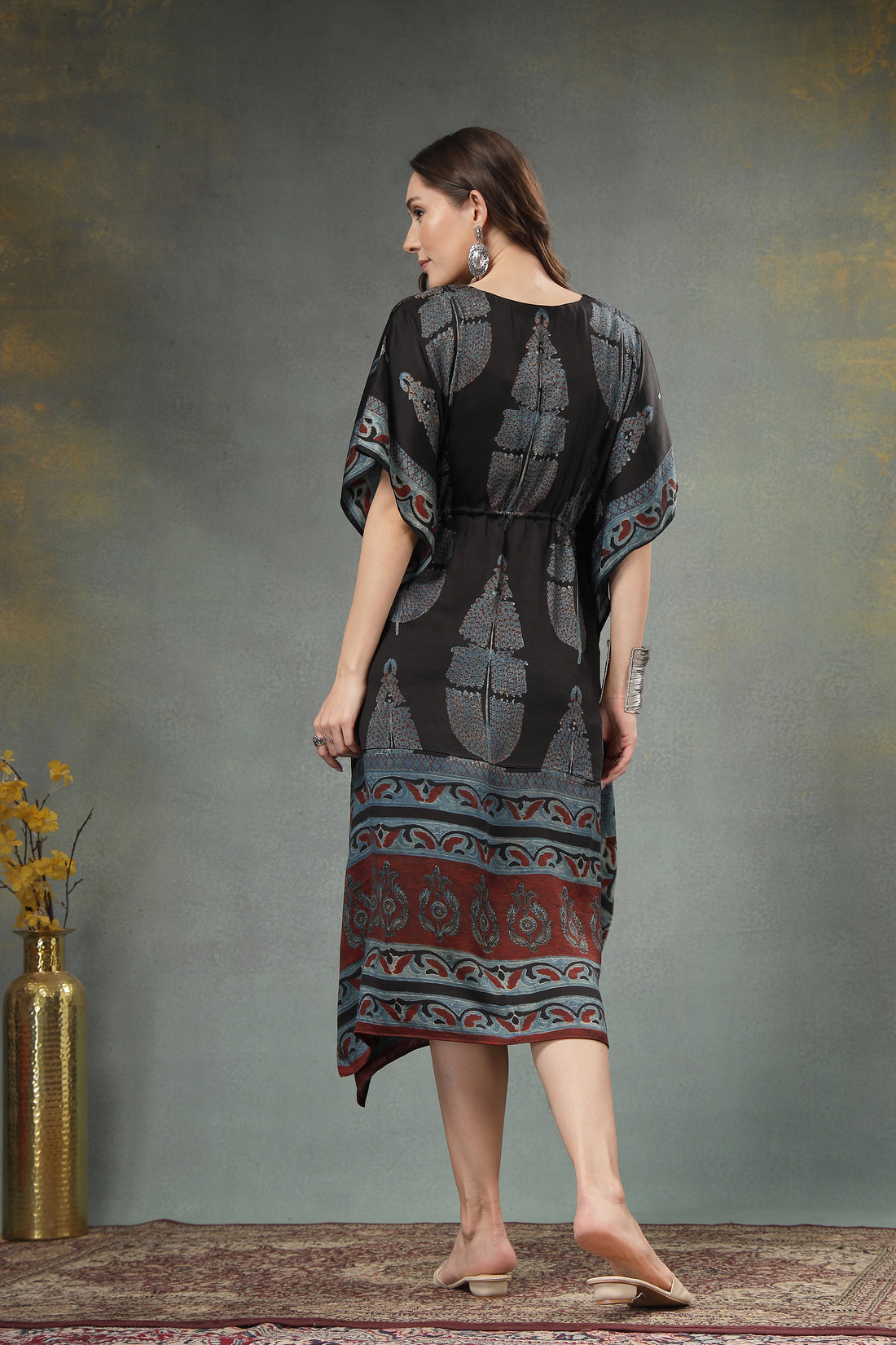 Black Modal Satin Handblocked Kaftan with Drawstring Waist
