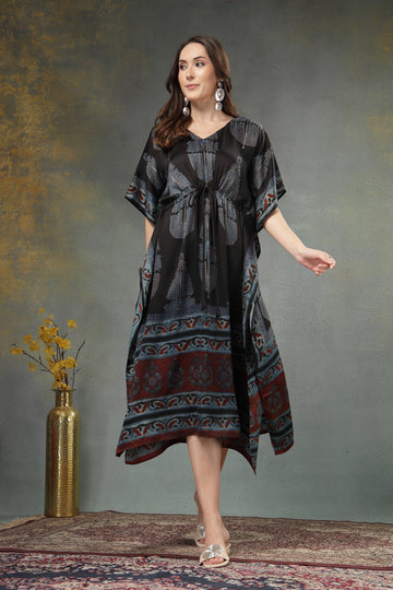 Black Modal Satin Handblocked Kaftan with Drawstring Waist