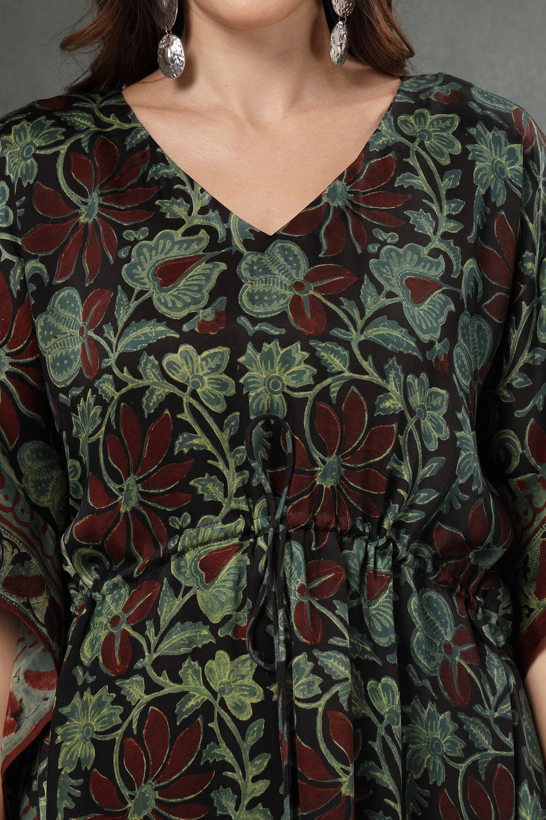 Modal Satin Handblock Print Kaftan | Luxurious Flowy Silhouette with Traditional Floral Motifs