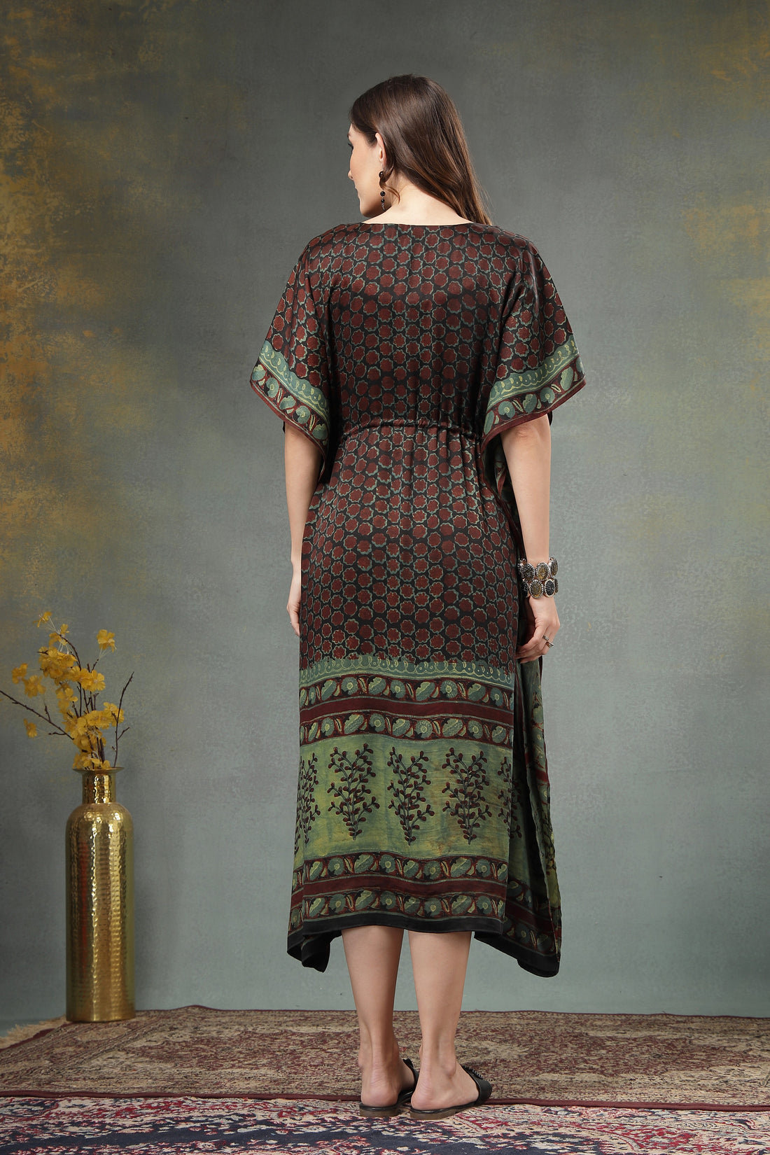 Elegant Modal Satin Hand-Block Printed Kaftan Dress