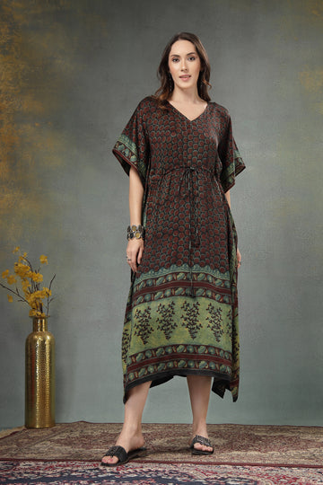 Elegant Modal Satin Hand-Block Printed Kaftan Dress
