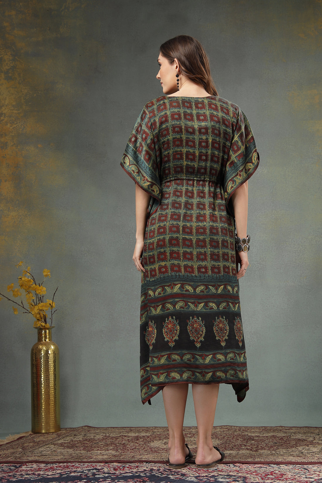 Modal Satin Hand block Kaftan Dress