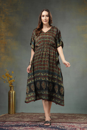 Modal Satin Hand block Printed Kaftan Dress