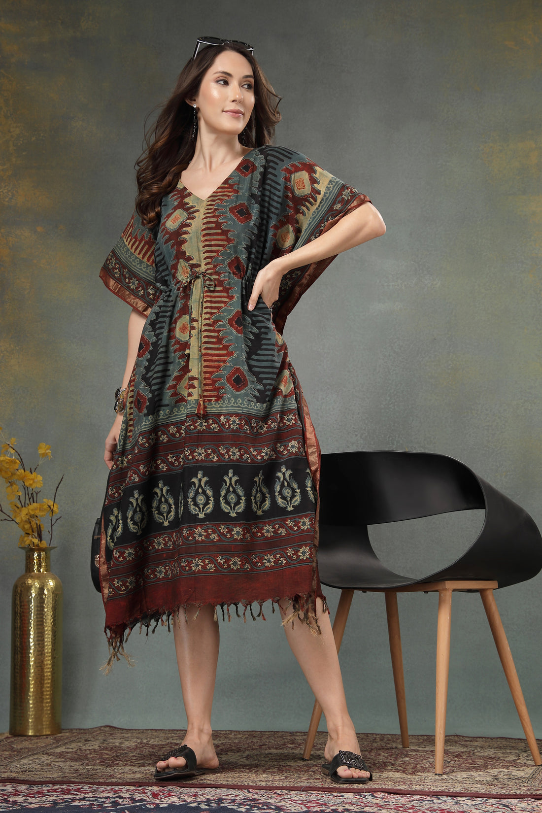 Assam Silk Hand-Block Printed Kaftan Dress with Ethnic Motifs