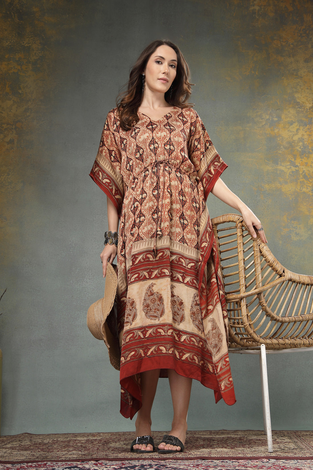 Elegant Hand-Block Printed Modal Satin Kaftan Dress with Drawstring Waist
