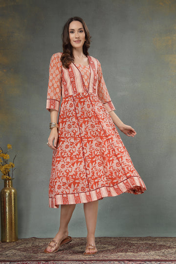 Rust Floral Handblock Print Cotton Dress with Flared Silhouette