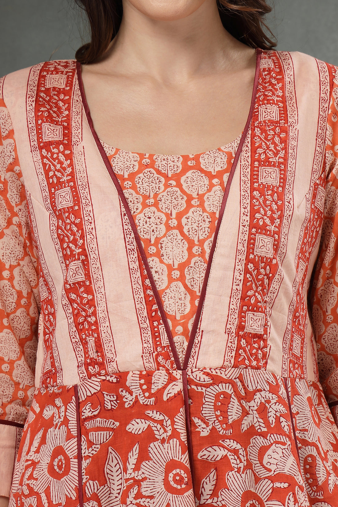 Rust Floral Handblock Print Cotton Dress with Flared Silhouette