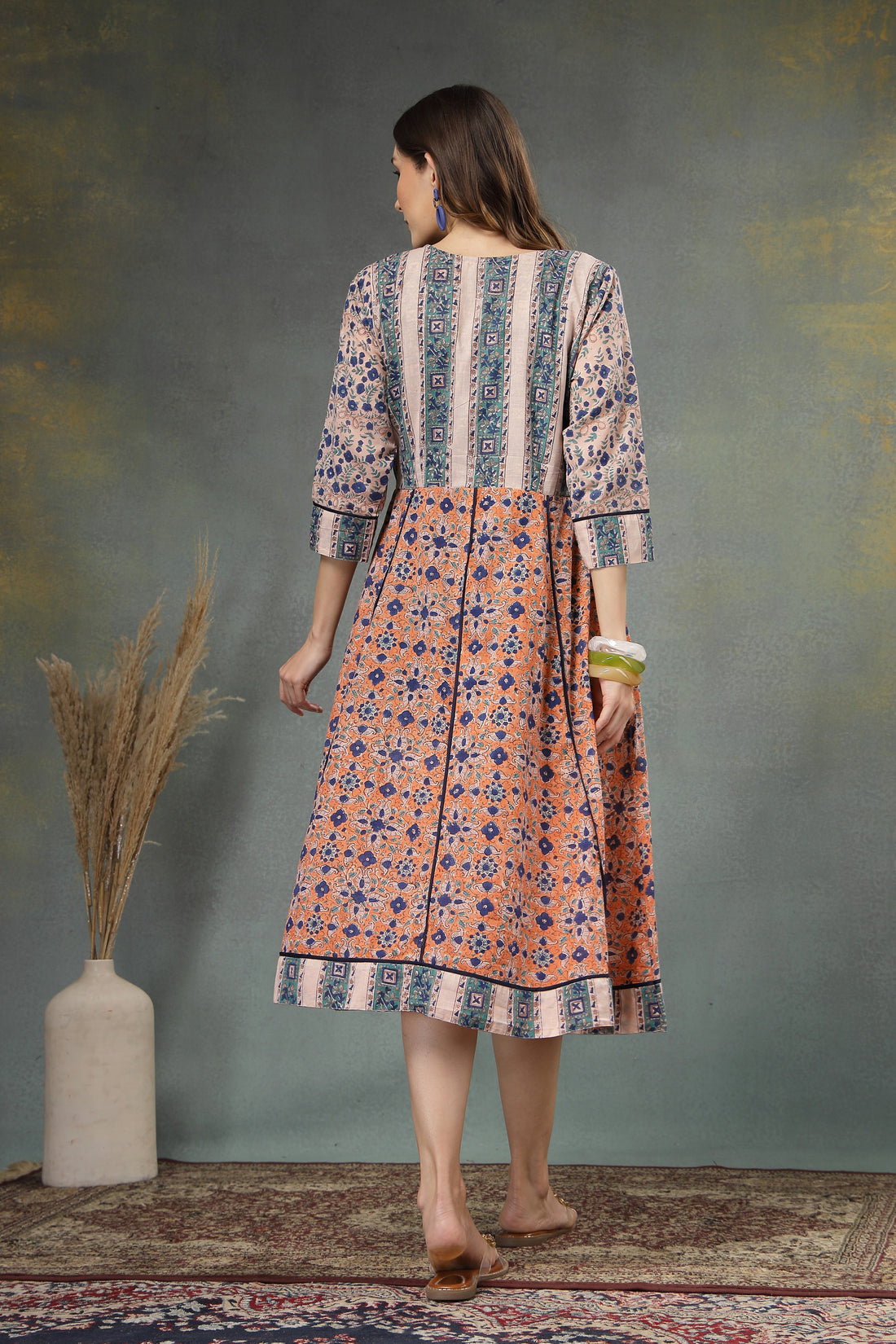 Ancestor Hand-Block Printed Cotton A-Line Dress with 3/4 Sleeves