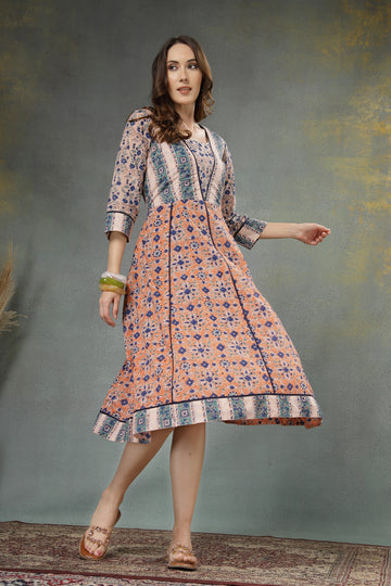 Ancestor Hand-Block Printed Cotton A-Line Dress with 3/4 Sleeves