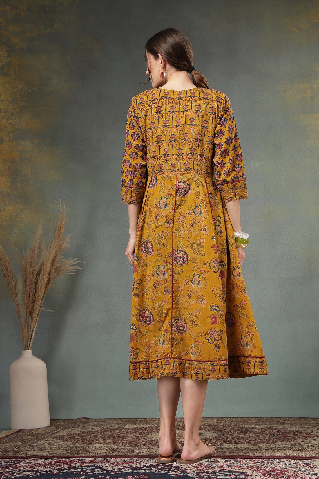 Mustard Hand-Block Printed Cotton Midi Dress with 3/4 Sleeves