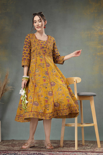 Mustard Hand-Block Printed Cotton Midi Dress with 3/4 Sleeves