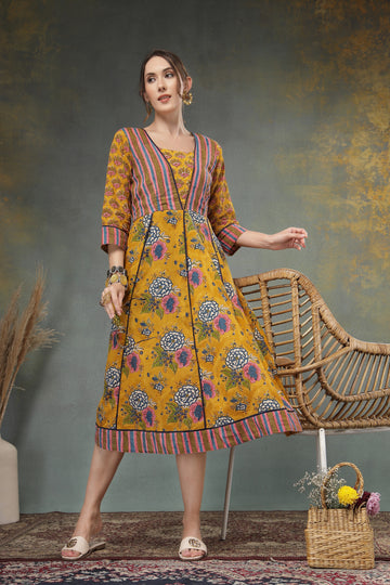 Mustard Yellow Floral Printed Pure Cotton Fabric – Ethnic Handcrafted Design for Dresses & Kurtis