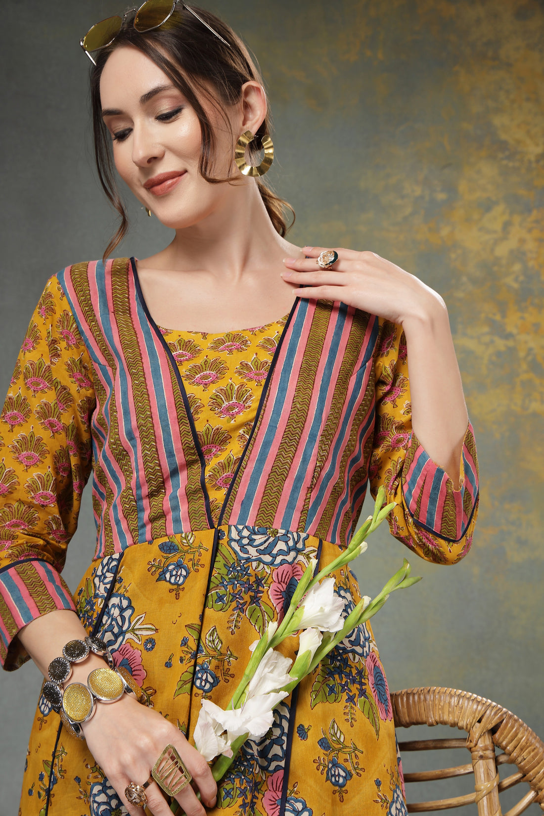 Mustard Yellow Floral Printed Pure Cotton Fabric – Ethnic Handcrafted Design for Dresses & Kurtis