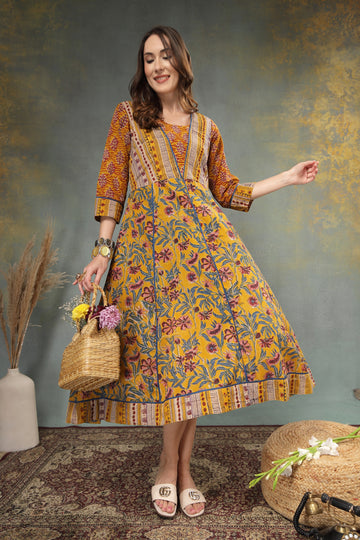 Mustard Floral Hand-Block Printed Cotton Anarkali Midi Dress