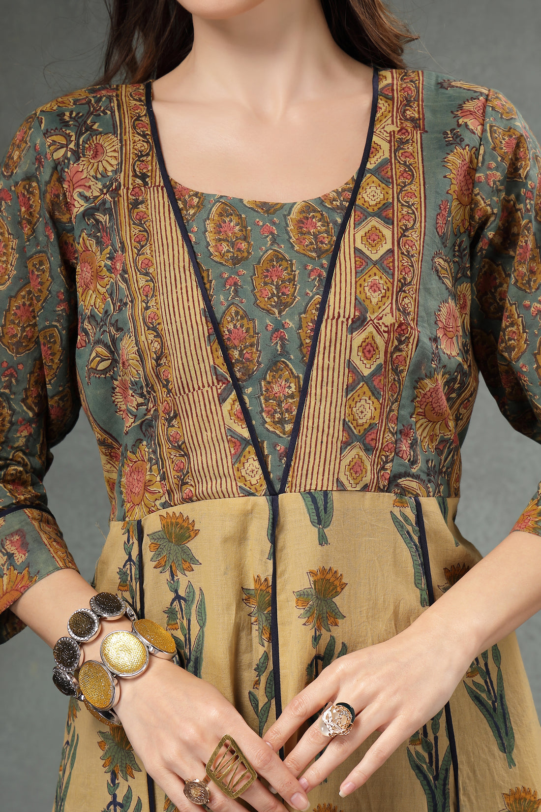 Ancestor Hand-Block Printed Cotton Paneled Midi Dress