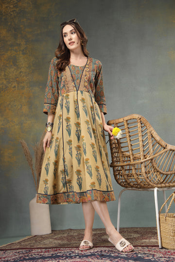 Ancestor Hand-Block Printed Cotton Paneled Midi Dress