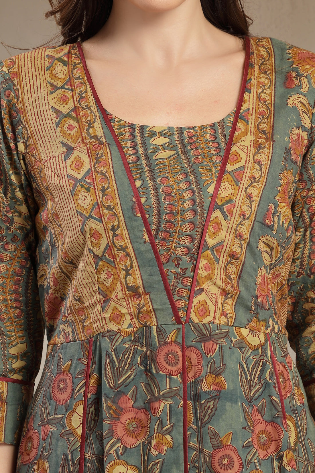 Sage & Earthy Gold Hand-Block Printed Cotton Paneled Midi Dress