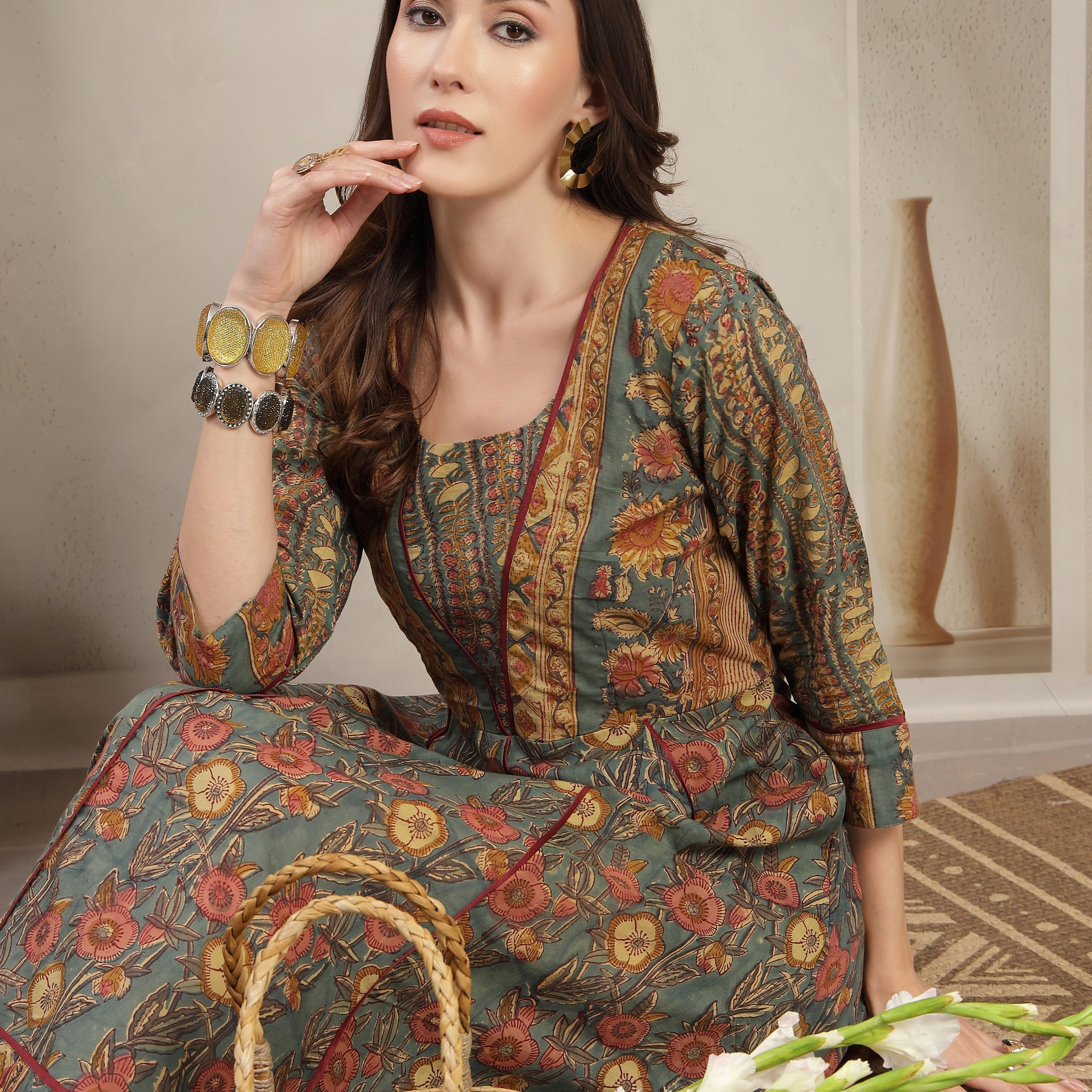 Sage & Earthy Gold Hand-Block Printed Cotton Paneled Midi Dress XS