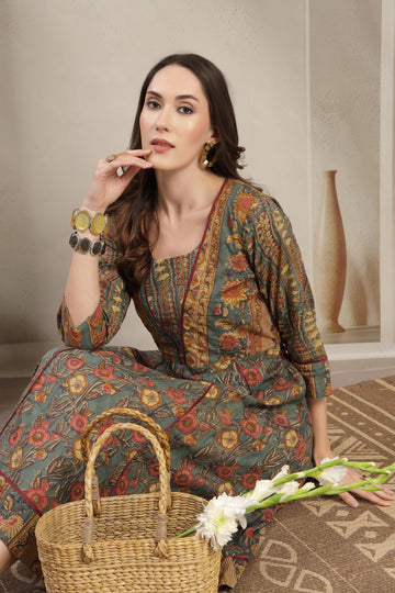 Sage & Earthy Gold Hand-Block Printed Cotton Paneled Midi Dress
