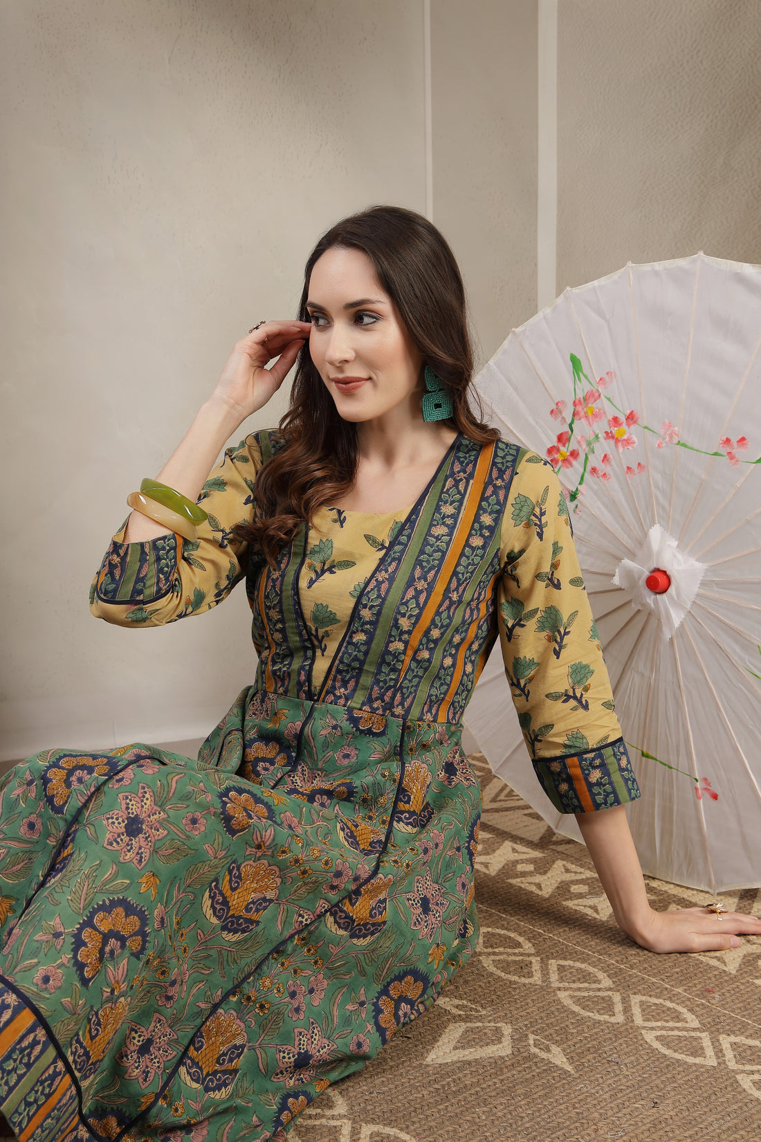 Sage & Earthy Cream Hand-Block Printed Cotton Paneled Midi Dress