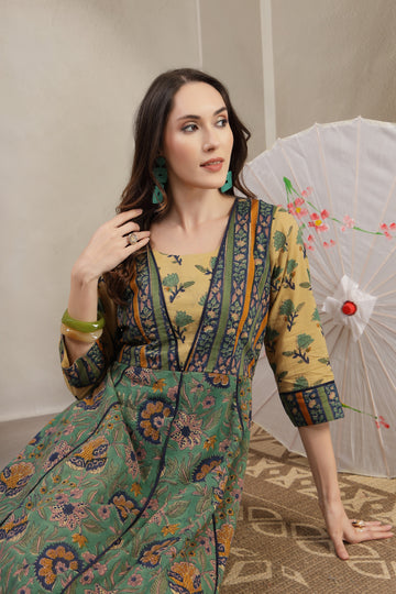 Sage & Earthy Cream Hand-Block Printed Cotton Paneled Midi Dress