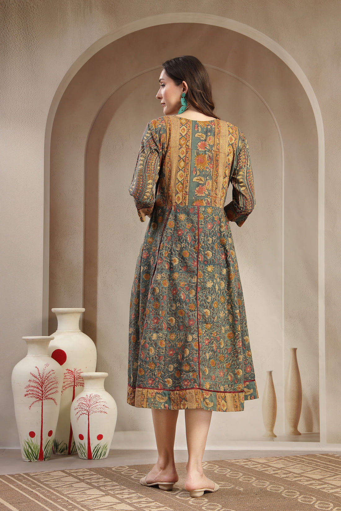 Women’s Sage Green Floral Print Cotton A-Line Midi Dress with Contrast Piping