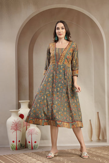 Women’s Sage Green Floral Print Cotton A-Line Midi Dress with Contrast Piping