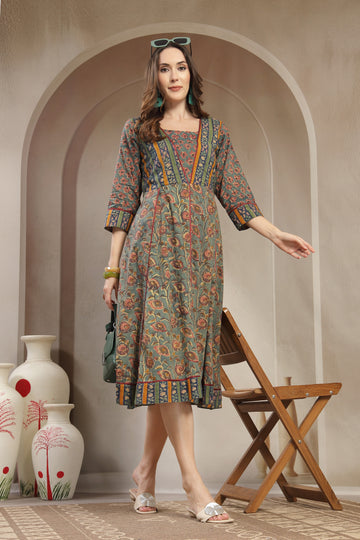 Premium Printed Cotton A-Line Dress | Handcrafted Ethnic Motif | Everyday & Casual Wear
