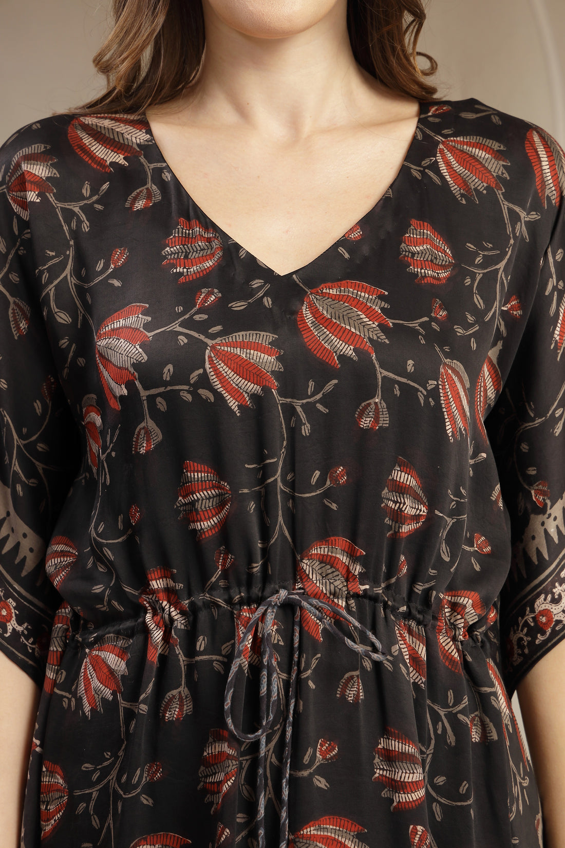 Classic Black Modal Satin Printed Kaftan Dress | Elegant Flow & Soft Luxe Feel