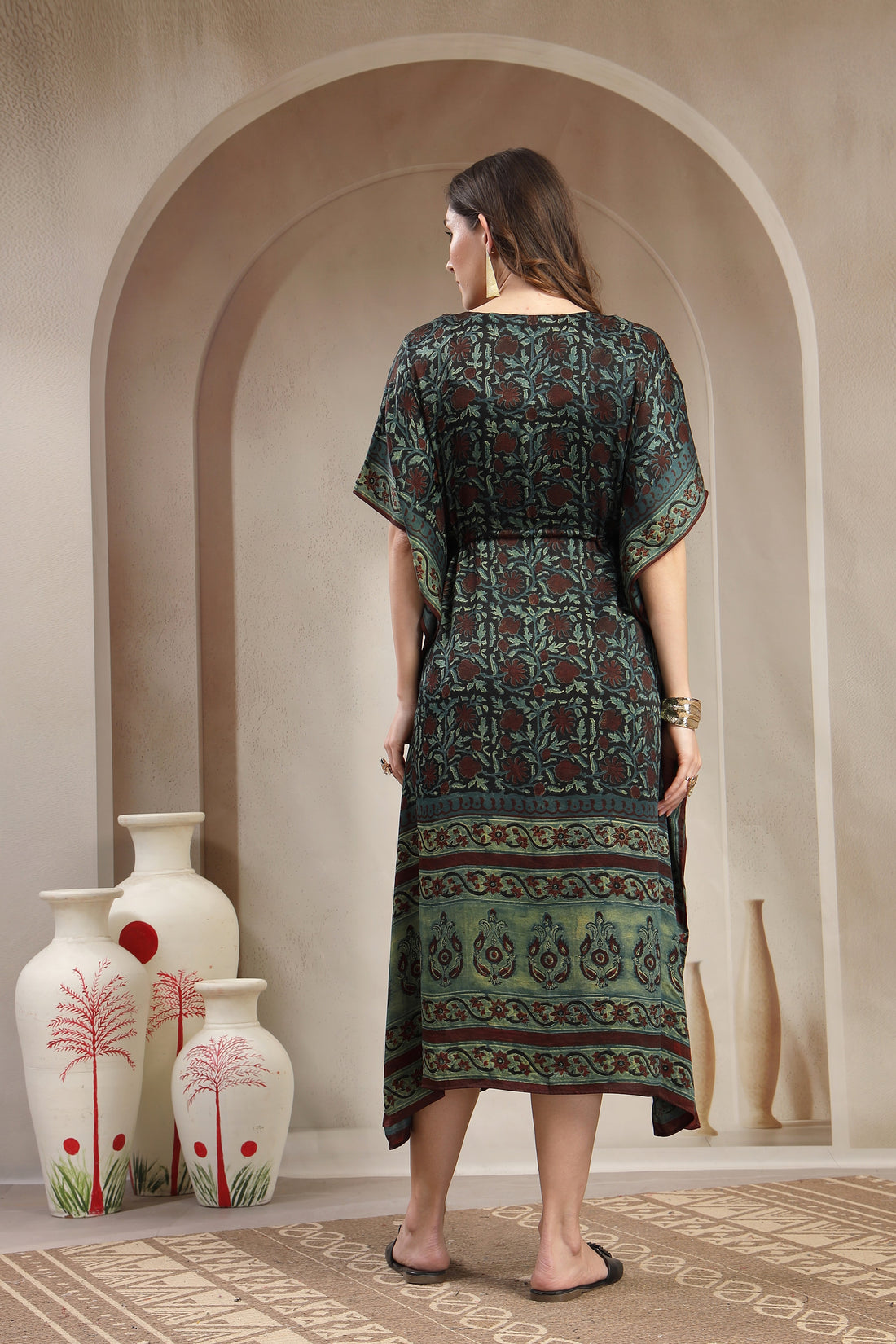 Elegant Hand-Printed Modal Satin Kaftan Dress with Drawstring Waist