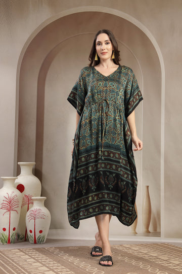 Luxury Hand-Printed Modal Satin Kaftan with Adjustable Waist