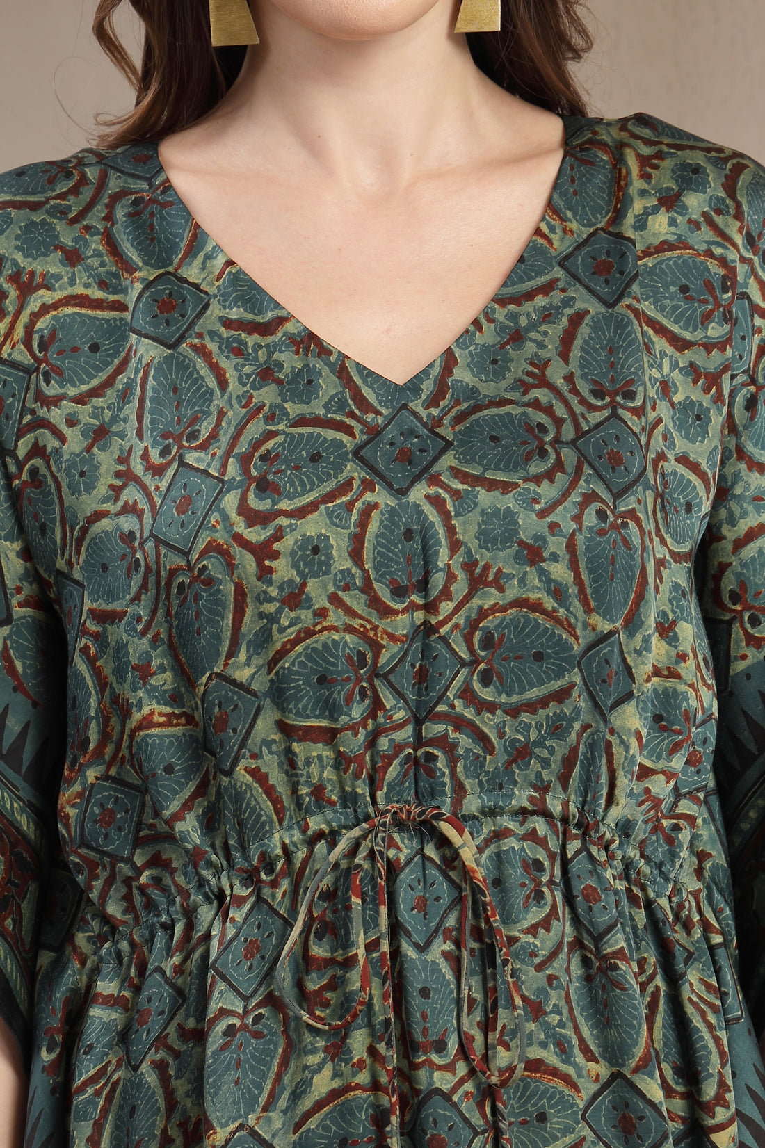 Luxury Hand-Printed Modal Satin Kaftan with Adjustable Waist