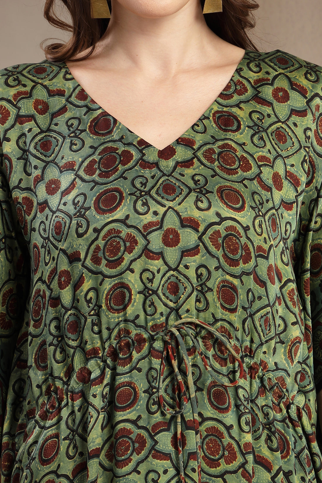 Premium Hand-Printed Modal Satin Kaftan with V-Neck & Drawstring Waist