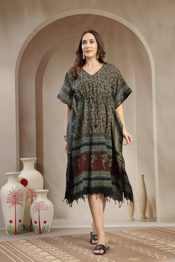 Assam Silk Printed Kaftan Dress with Drawstring Waist