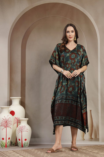 Luxury Modal Satin Printed Kaftan Dress with Adjustable Waist