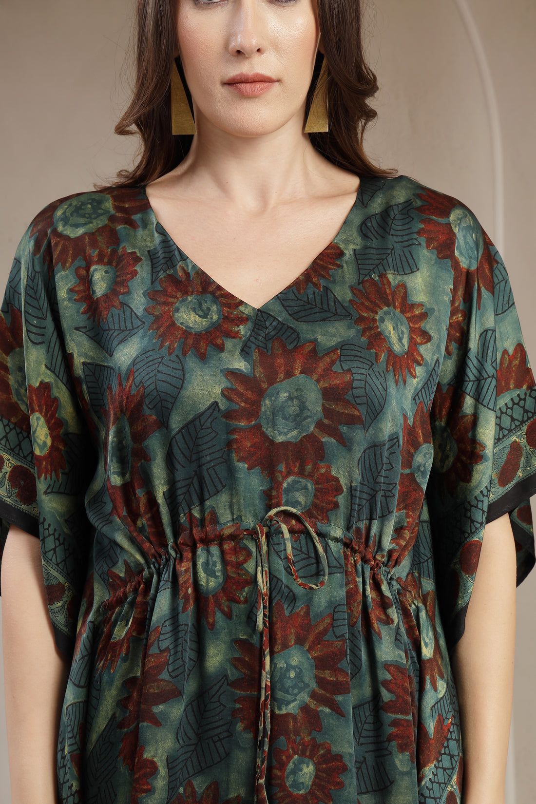 Luxury Modal Satin Printed Kaftan Dress with Adjustable Waist