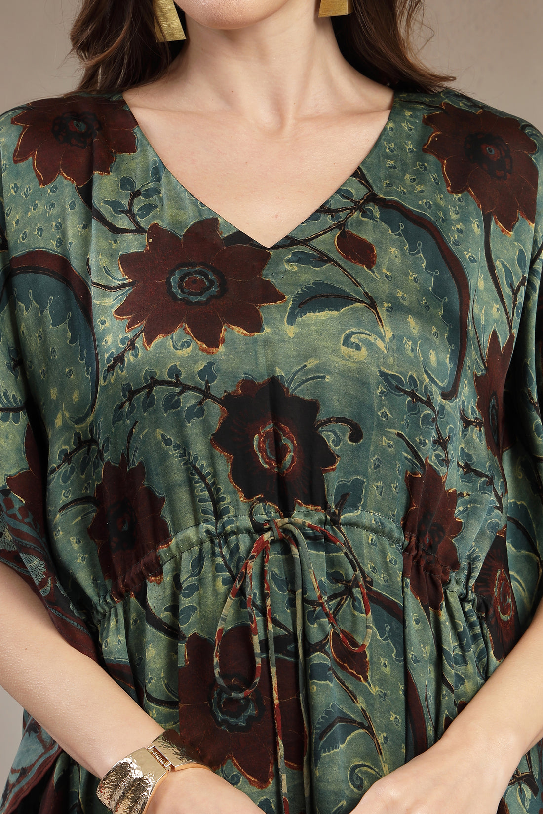 Floral Print Modal Satin Kaftan Dress with Drawstring Waist