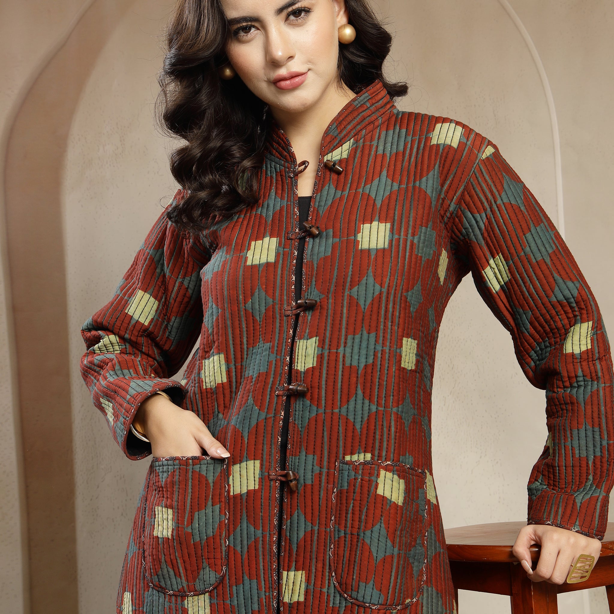 Hand Block Muslin Quilted Jacket for Women